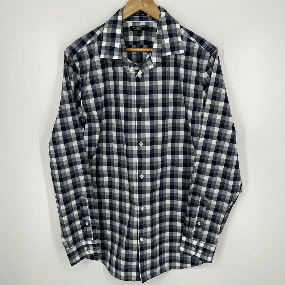 Banana Republic Grant Fit Mens Navy White Buffalo Check Non-Iron Stretch Shirt L